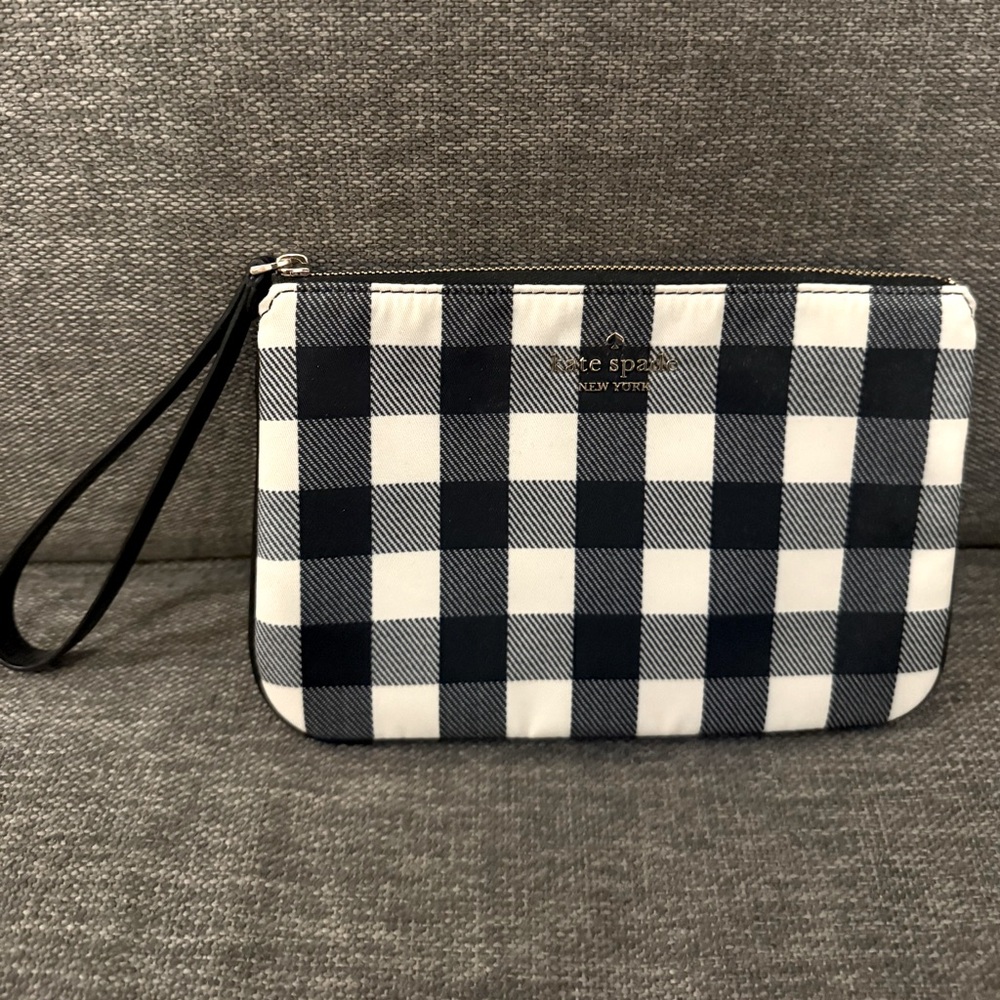 Kate Spade Chelsea Medium Wristlet Nylon Pouch Black Gingham Fall Buffalo Plaid